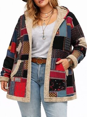 PLUS Patchwork Sherpa Lined Hooded Boho Sweater Button Down Jacket‎ Size 1X